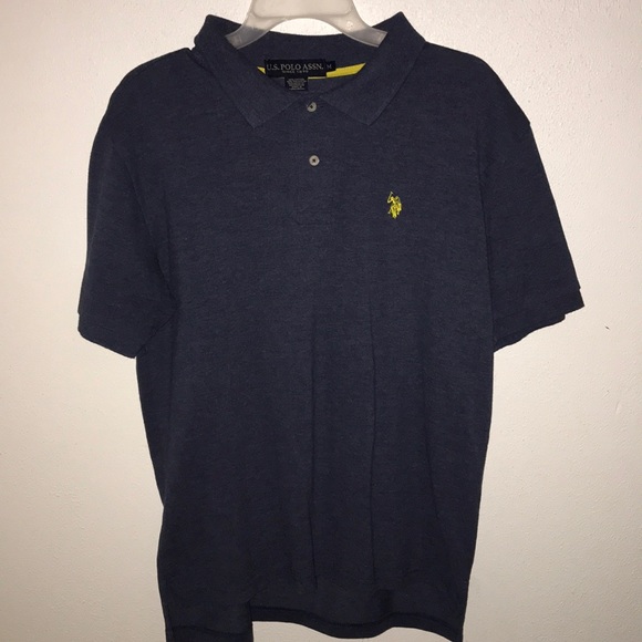 Navy blue polo tee with neon yellow logo. - Picture 1 of 3